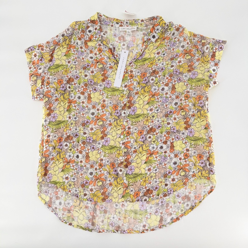 JANE + DELANCEY Floral Button Down Short Sleeve Blouse Yellow Orange Large NEW